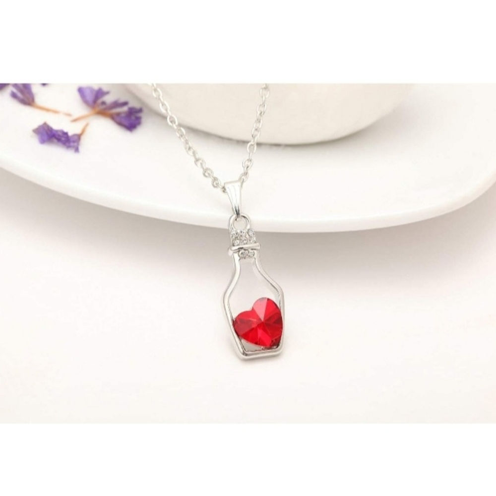 Crystal Heart Diamond Accent Wine Bottle Pendant Necklace Silver